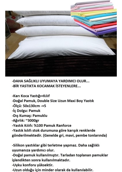 Karı Koca Yastığı 50X130 (Kılıflı), Doğal Pamuk, Uzun Yastık