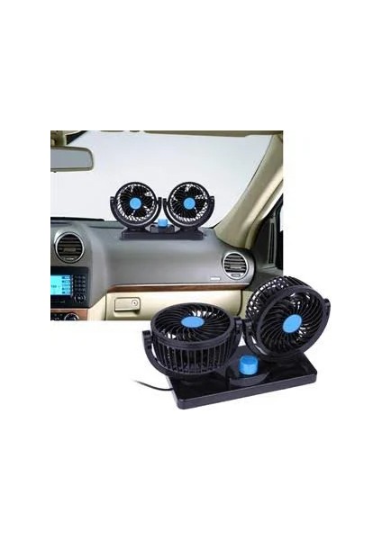 Araç Içi 360° Dönerli Torpido Üstü Çift Fanlı Oto Vantilatör 12V Kademeli