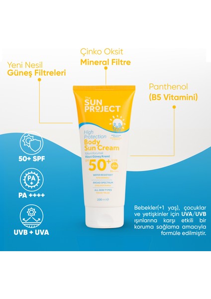 The Sun Project Yüksek Korumalı Suya Dayanıklı Aile Boyu Vücut Güneş Kremi 50+ Spf Pa++++ 200 ml