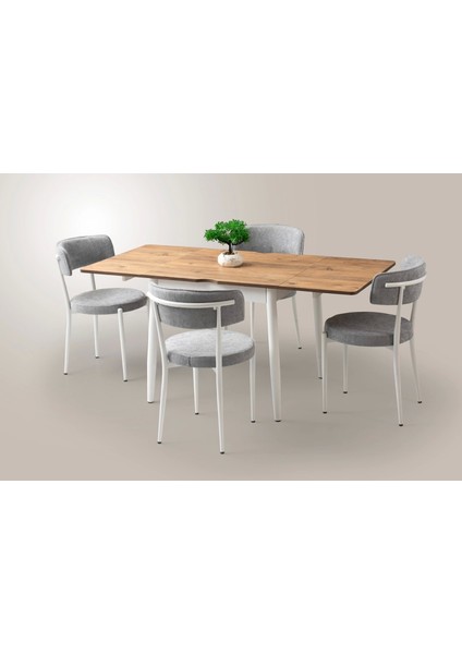 Yanlardan Açılır Ahşap Masa Sandalye Takımı 4 Sandalyeli Metal Ayaklı Meşe
