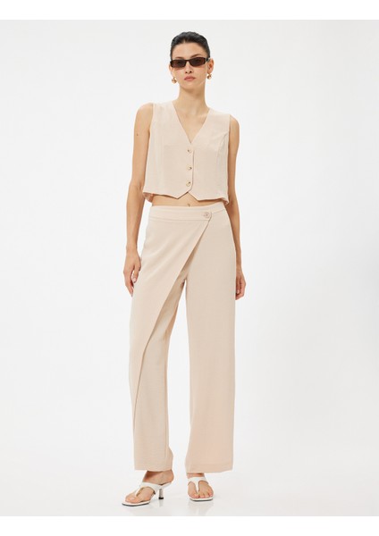 Kruvaze Detaylı Bol Paça Pantolon Aerobin Kumaş