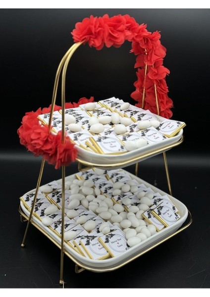 Iki Katlı Stand Kare 80 Adet Kırmızı Süslemeli Kız Isteme Çikolatası, Söz Nişan Mevlüt Çikolatası fırsatları