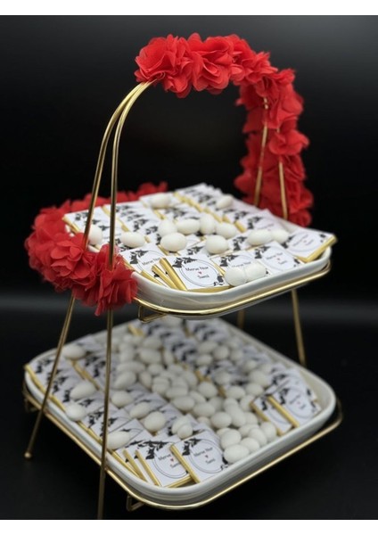 Iki Katlı Stand Kare 80 Adet Kırmızı Süslemeli Kız Isteme Çikolatası, Söz Nişan Mevlüt Çikolatası indirimleri