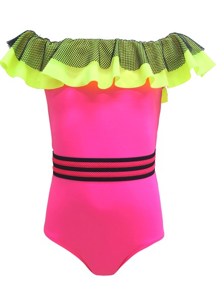 Kayık Yaka Fileli Fırfırlı Kemer Detaylı Pembe 50uv Kız Çocuk Mayo by Nessi Byrd