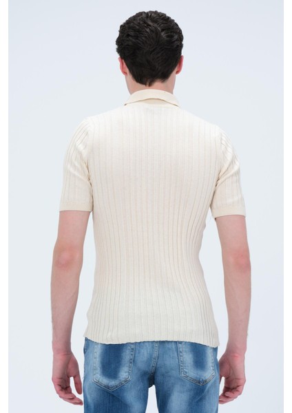 Erkek Polo Yaka Düğmeli Pamuklu Fitilli Triko Kısa Kollu T-Shirt