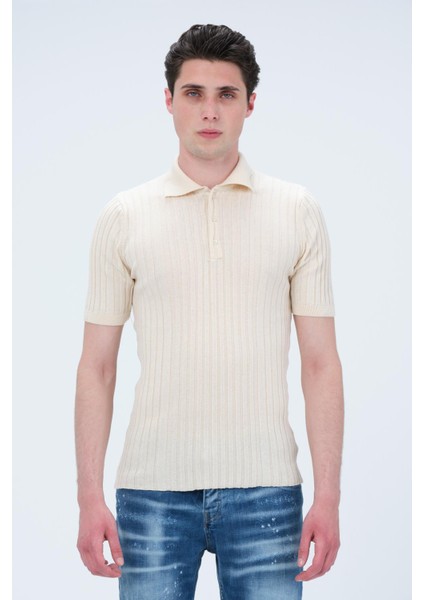 Erkek Polo Yaka Düğmeli Pamuklu Fitilli Triko Kısa Kollu T-Shirt modelleri