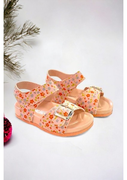 Pembe Çiçek Baskılı Tokalı Kız Çocuk Sandalet Yumuşak Doku ve Memory Foam Taban