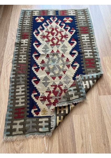 68X110 cm El Dokuma Güneybatı Stili Küçük Kilim Yeşil ve Lacivert Renkler