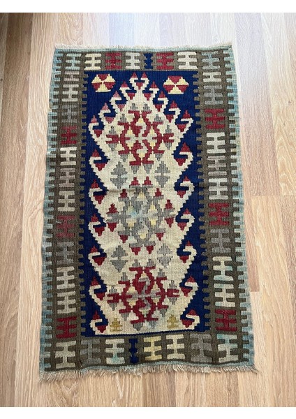 68X110 cm El Dokuma Güneybatı Stili Küçük Kilim Yeşil ve Lacivert Renkler