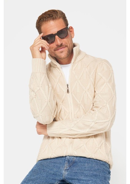 Slim Fit Desenli Dik Yaka Fermuarlı Erkek Bej Hırka