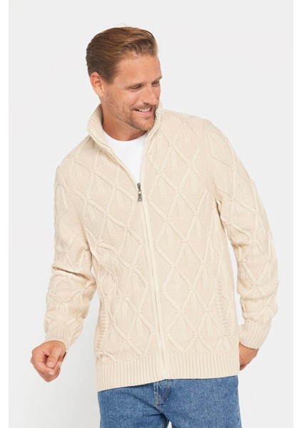 Slim Fit Desenli Dik Yaka Fermuarlı Erkek Bej Hırka modelleri