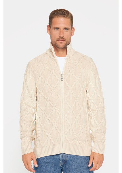 Slim Fit Desenli Dik Yaka Fermuarlı Erkek Bej Hırka fırsatları