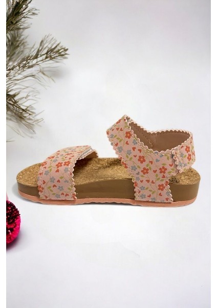 Pudra Süet Çiçek Desenli Kız Çocuk Sandalet modelleri