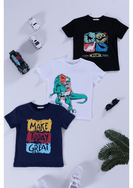 For You Kids 3'lü Dinazor Baskılı Siyah Lacivert Beyaz Tshirt