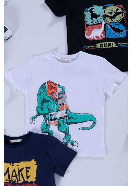 For You Kids 3'lü Dinazor Baskılı Siyah Lacivert Beyaz Tshirt