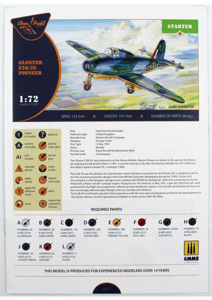 Clear Prop Models 72007 1/72 Ölçek, Gloster E28-39 Öncü Taarruz Jeti, Plastik Model Kiti