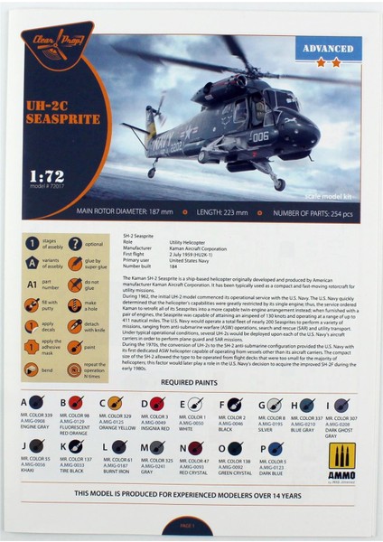 Clear Prop Models 72017 1/72 Ölçek, Kaman Uh-2c Seasprite Askeri Helikopter, Plastik Model Kiti