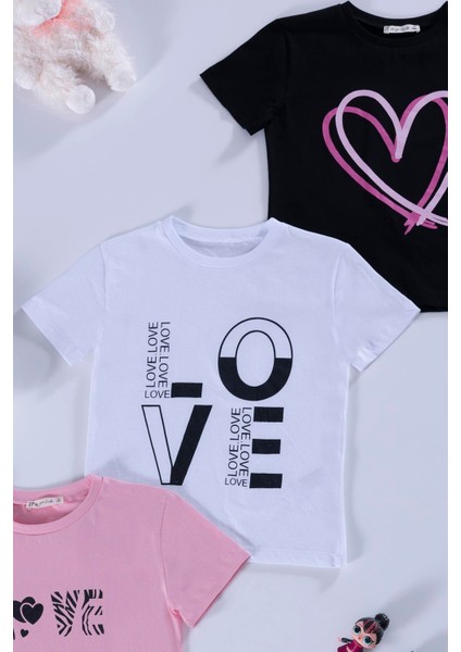 3'lü Love Baskılı Siyah Pembe Beyaz Tshirt fiyatları