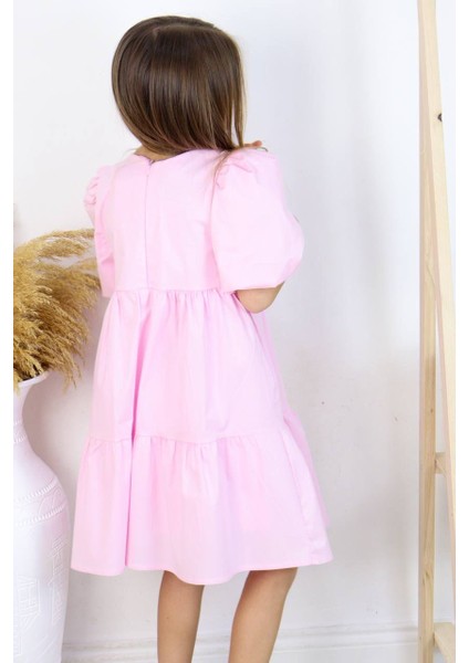 Pembe Balon Kol Fiyonk Detay Poplin Elbise