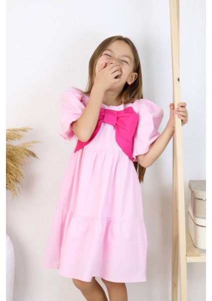 Pembe Balon Kol Fiyonk Detay Poplin Elbise