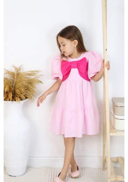 Pembe Balon Kol Fiyonk Detay Poplin Elbise