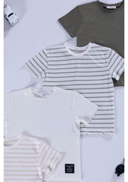 4'lü Etiket Detaylı Cizgili Taş Yeşil Tshirt fiyatları