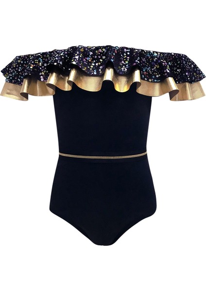 Kayık Yaka Simli Fırfırlı Kemer Detaylı Siyah 50uv Kız Çocuk Mayo by Nessi Byrd