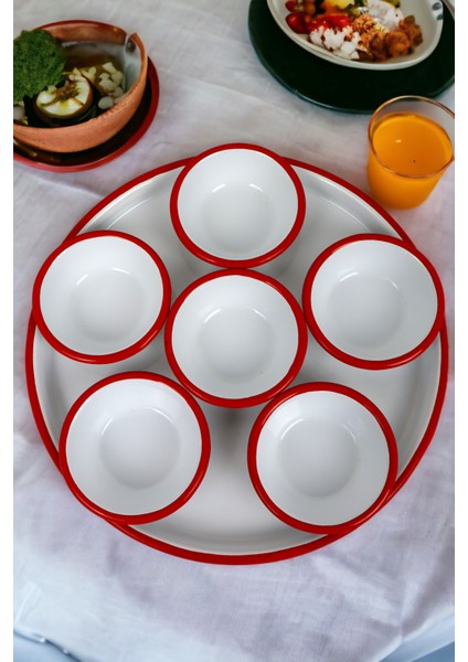 7 Parça Emaye Kahvaltı Seti, Sunum, Kahvaltı Tabağı, Reçellik, Zeytin, Peynir Tabağı, Çeyiz, Hediye