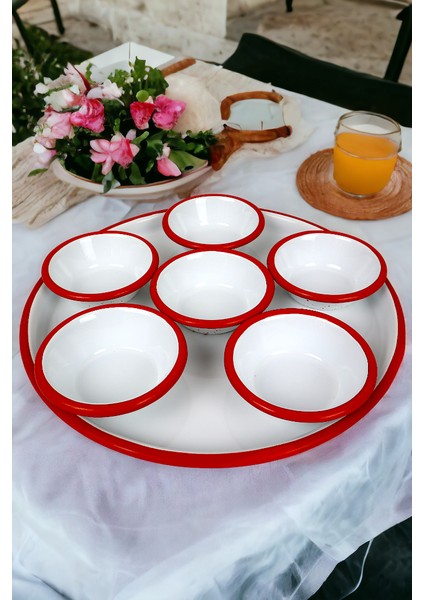 7 Parça Emaye Kahvaltı Seti, Sunum, Kahvaltı Tabağı, Reçellik, Zeytin, Peynir Tabağı, Çeyiz, Hediye