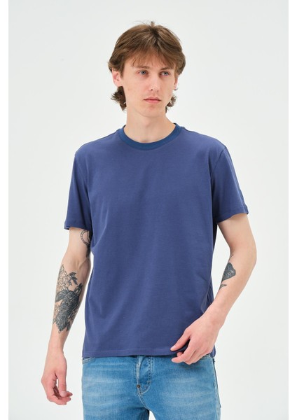 Erkek Bisiklet Yaka Regular Kalıp T-Shirt Indigo