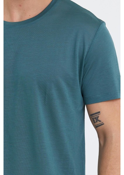 Erkek Tencel Kumaş Bisiklet Yaka T-Shirt Nefti