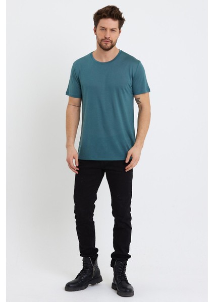 Erkek Tencel Kumaş Bisiklet Yaka T-Shirt Nefti