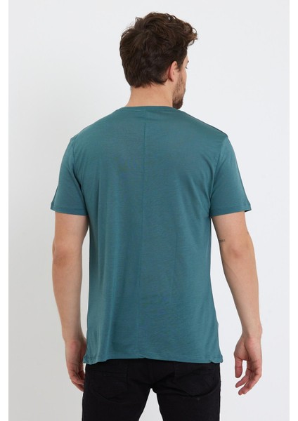 Erkek Tencel Kumaş Bisiklet Yaka T-Shirt Nefti