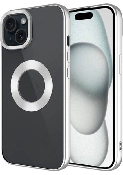 Apple iPhone 15 Plus Uyumlu Kılıf Tek Kamera Çerçeveli Logo Gösteren Omega Kapak, Gümüş