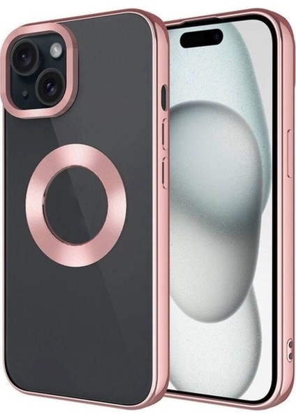 Apple iPhone 15 Plus Uyumlu Kılıf Tek Kamera Çerçeveli Logo Gösteren Omega Kapak, Rose Gold