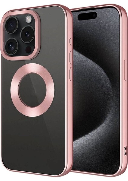 Apple iPhone 15 Pro Max Uyumlu Kılıf Tek Kamera Çerçeveli Logo Gösteren Omega Kapak, Rose Gold