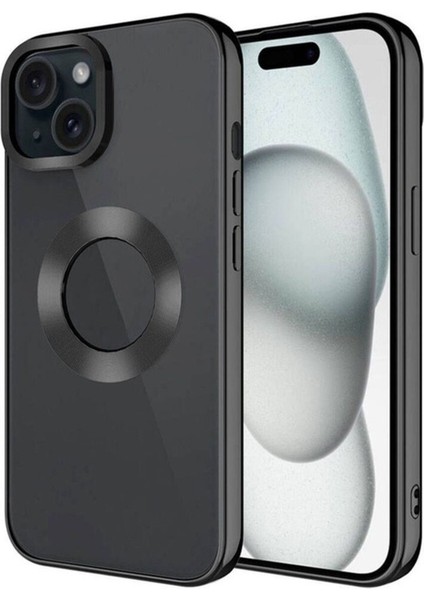 Apple iPhone 15 Plus Uyumlu Kılıf Tek Kamera Çerçeveli Logo Gösteren Omega Kapak, Siyah