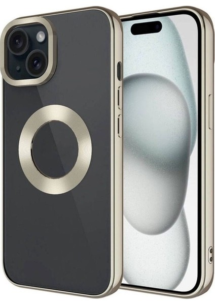 Apple iPhone 15 Uyumlu Kılıf Tek Kamera Çerçeveli Logo Gösteren Omega Kapak, Titanyum