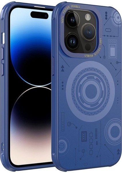 Apple iPhone 14 Pro Uyumlu Kılıf Wireless Şarj Özellikli Desenli Hot Kapak, Lacivert