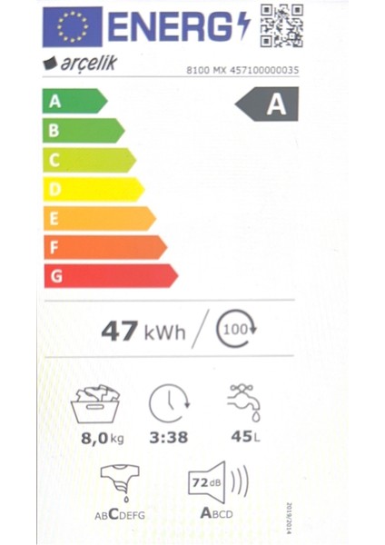 8100 Mx A Enerji Sınıfı 8 kg 1000 Devir Çamaşır Makinesi