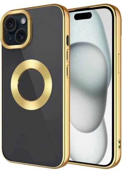 Apple iPhone 15 Uyumlu Kılıf Tek Kamera Çerçeveli Logo Gösteren Omega Kapak, Gold