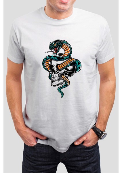 Kuru Kafa Yılan Baskılı Beyaz Tişört C678