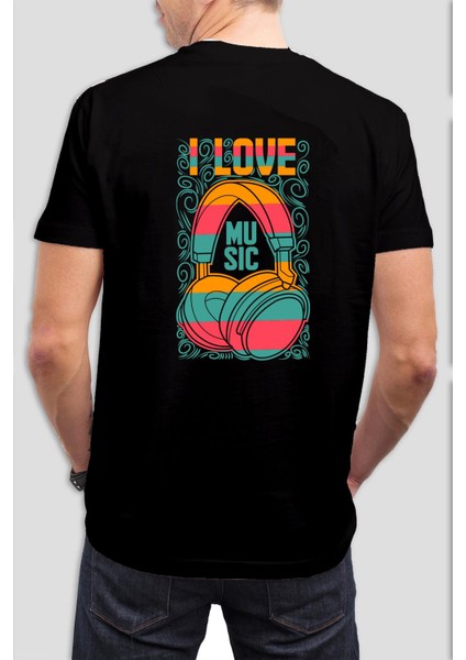 I Love Music Baskılı Siyah Tişört C680