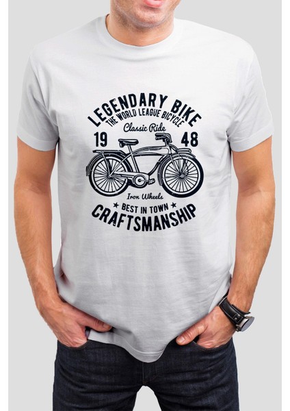 Legendary Bisiklet Baskılı Beyaz Tişört C672