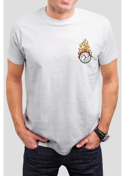 Voleybol Topu Baskılı Beyaz Tişört C635