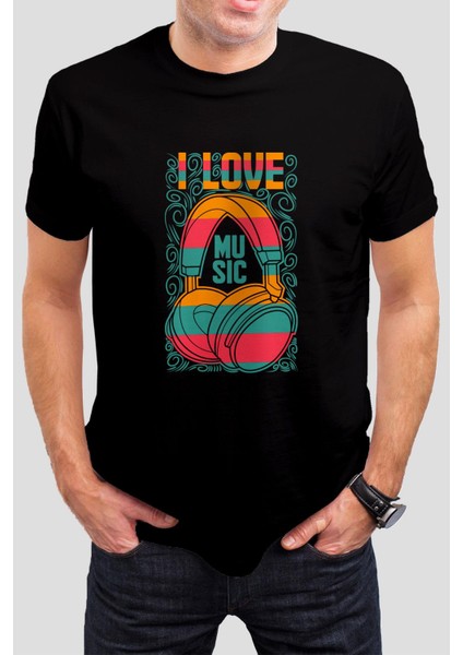I Love Music Baskılı Siyah Tişört C681