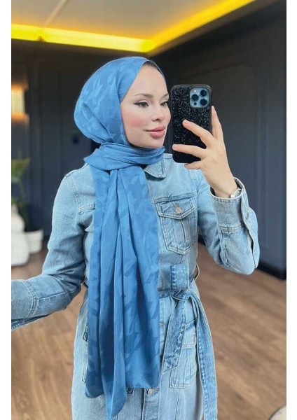Göl Mavi Kazayağı Desen Ipeksi Jakar Şal
