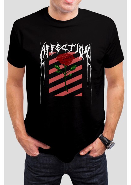 Gül Baskılı Siyah Tişört C639