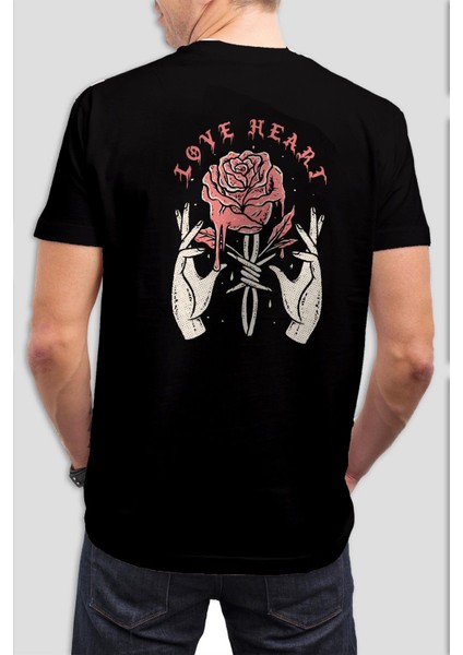 Gül Baskılı Siyah Tişört C651
