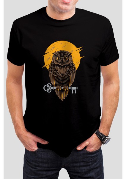 Baykuş Baskılı Siyah Tişört C693
